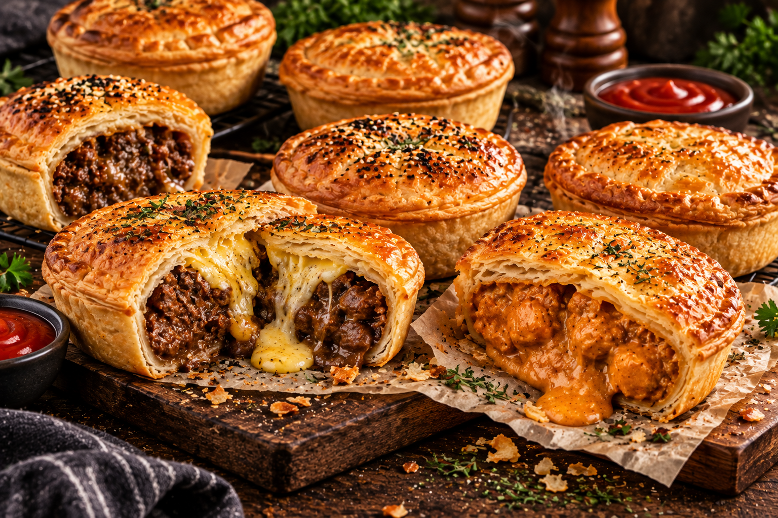 Golden pies with rich savoury fillings