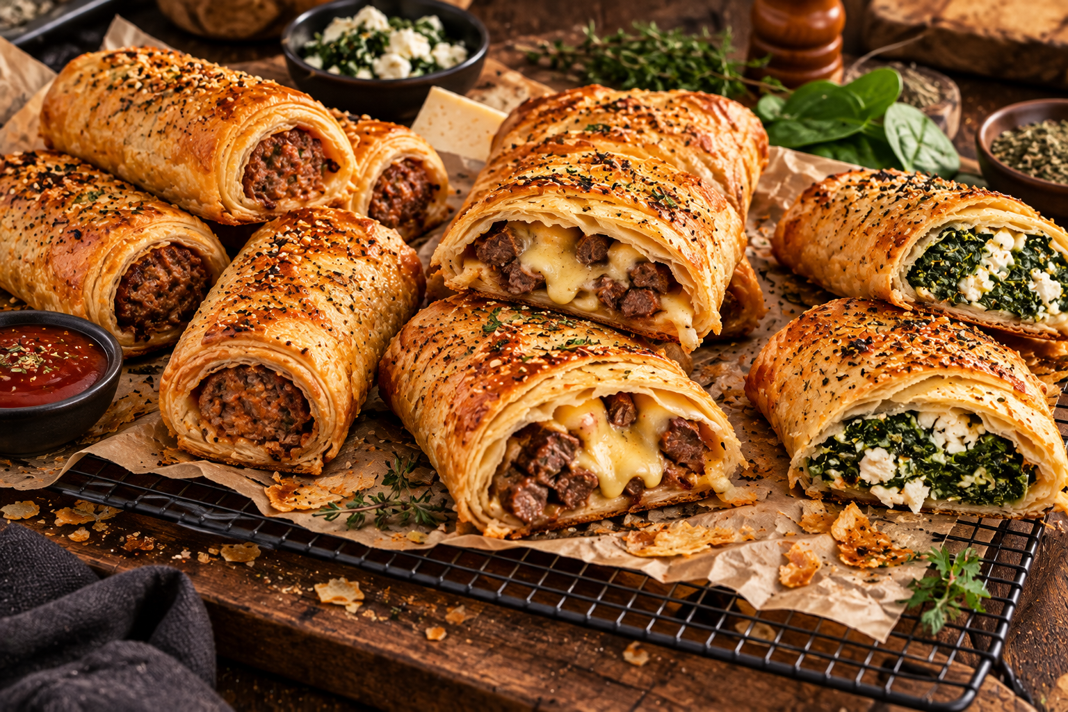 Savoury rolls with meat, cheese and spinach fillings
